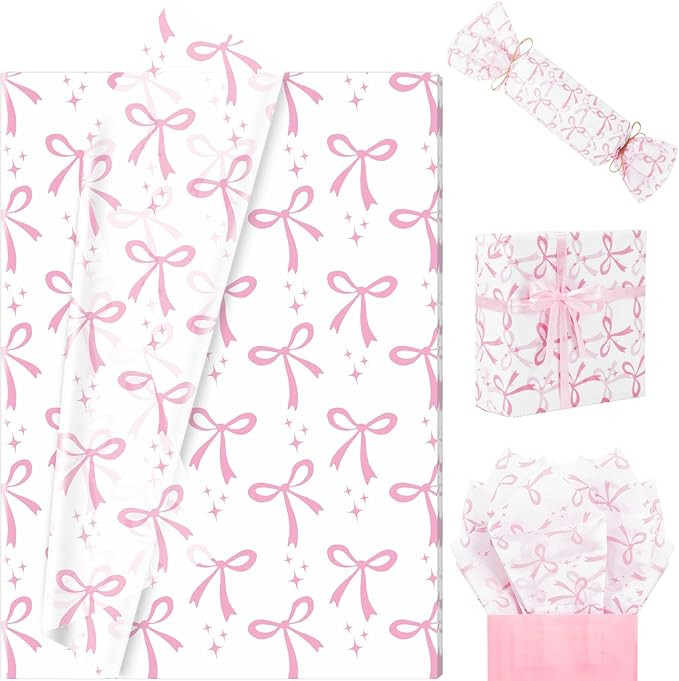 Ywdbzjhs 100 Sheets Pink Bow Tissue Paper, 20 x 14 Inch Ribbon Patterns Wrapping Tissue Paper for... | Amazon (US)