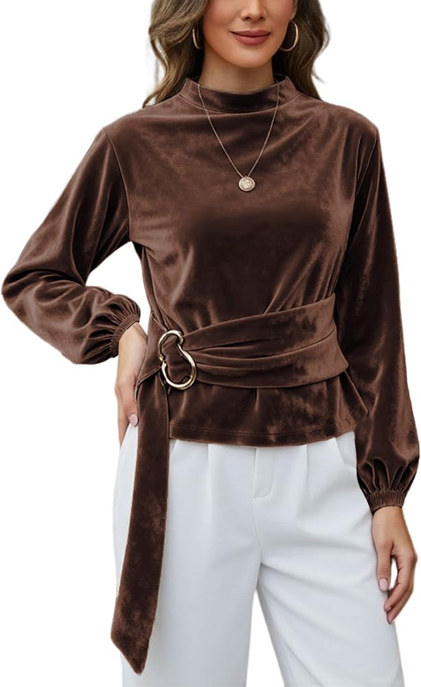 Yeokou Women Buckle Tie Velvet Top Stand Collar Belted Long Sleeve Elegant Fall Vintage Dressy Bl... | Amazon (US)