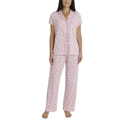 Laura Ashley Women's Pajamas 2 Piece Cotton Blend Notch Collar Button Down PJ Set (US, Alpha, X-Large, Regular, Regular, Pink Roses) | Amazon (US)
