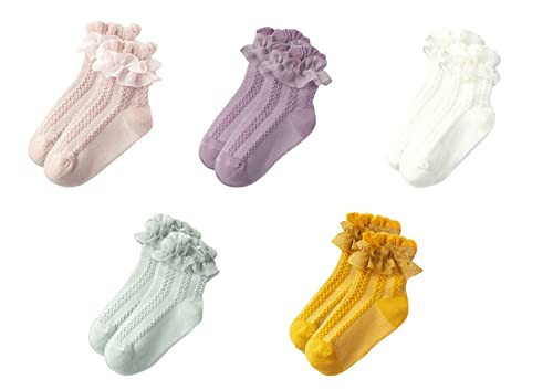 Gwenvenni Toddler Girls Double Ruffle Lace Trim Cotton Socks Frilly Dress Socks 5-Pack, Age 3-5T | Amazon (US)