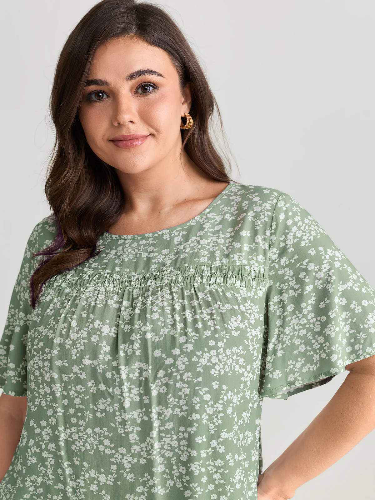 Floral Ruffle Sleeve Gathered Round Neck Blouse | Bloomchic