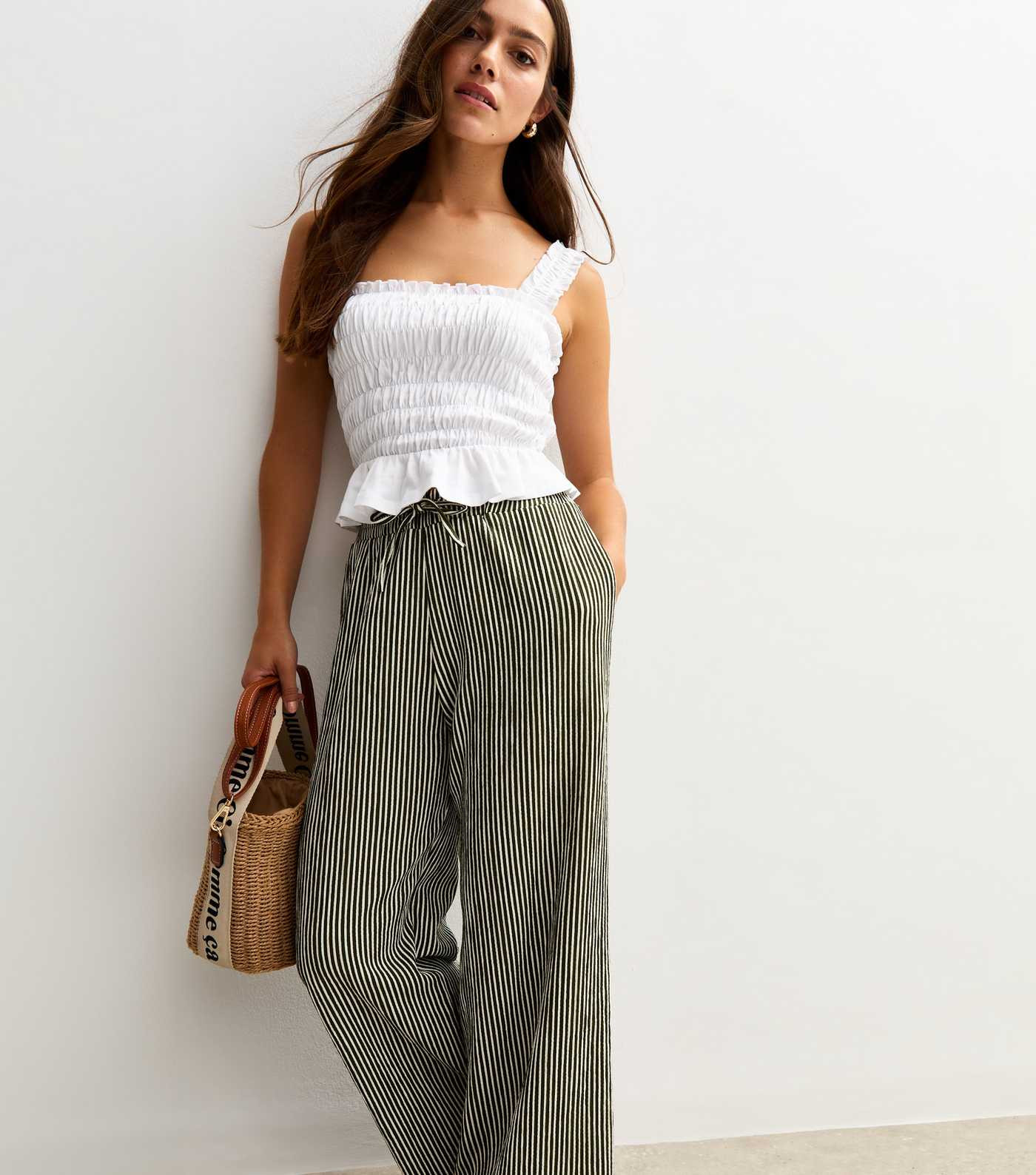 Petite Green Stripe Print Textured Wide Leg Trousers | New Look | New Look (UK)