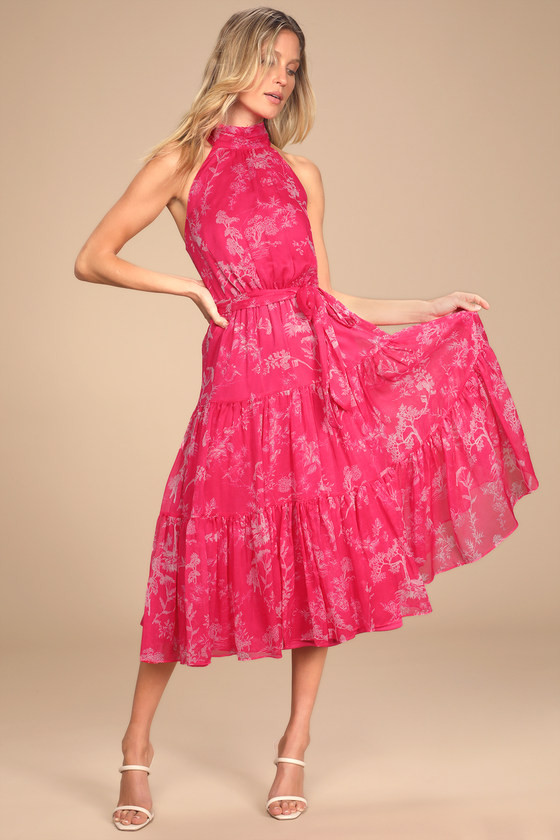 Float to You Hot Pink Floral Print Halter-Neck Tiered Midi Dress, Pink Halter Dress, Birthday Dress | Lulus