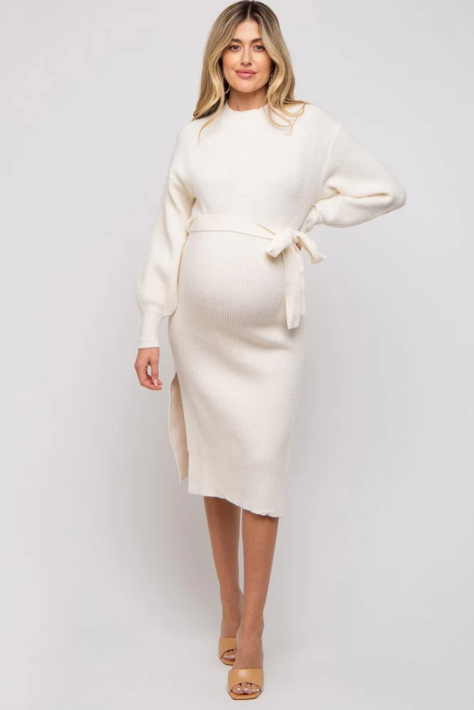Ivory Side Slit Maternity Sweater Midi Dress | PinkBlush Maternity