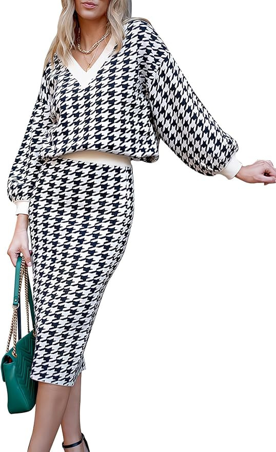 Pink Queen Women's 2 Piece Outfits Set Knit V Neck Batwing Long Sleeve Loose Top Bodycon Midi Ski... | Amazon (US)