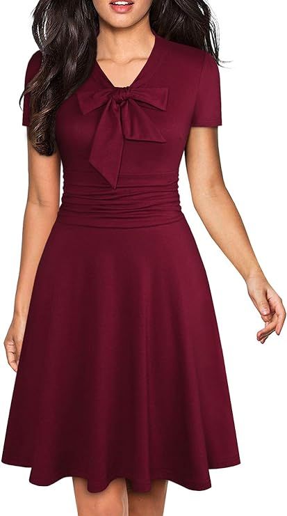 YATHON Women's Elegant Bow Tie Swing Casual Party Dresses Vintage Ruched Stretchy A-line Skater D... | Amazon (US)