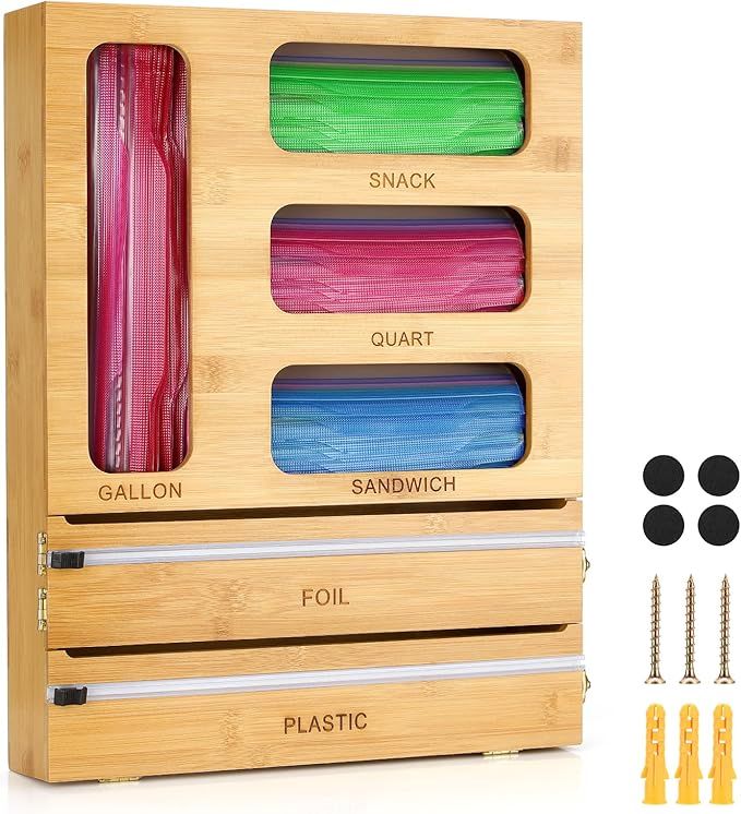 Ziplock Bag Organizer, Foil and Plastic Wrap Organizer, LMAIVE 6 In 1 Bamboo Wrap Dispenser with ... | Amazon (US)