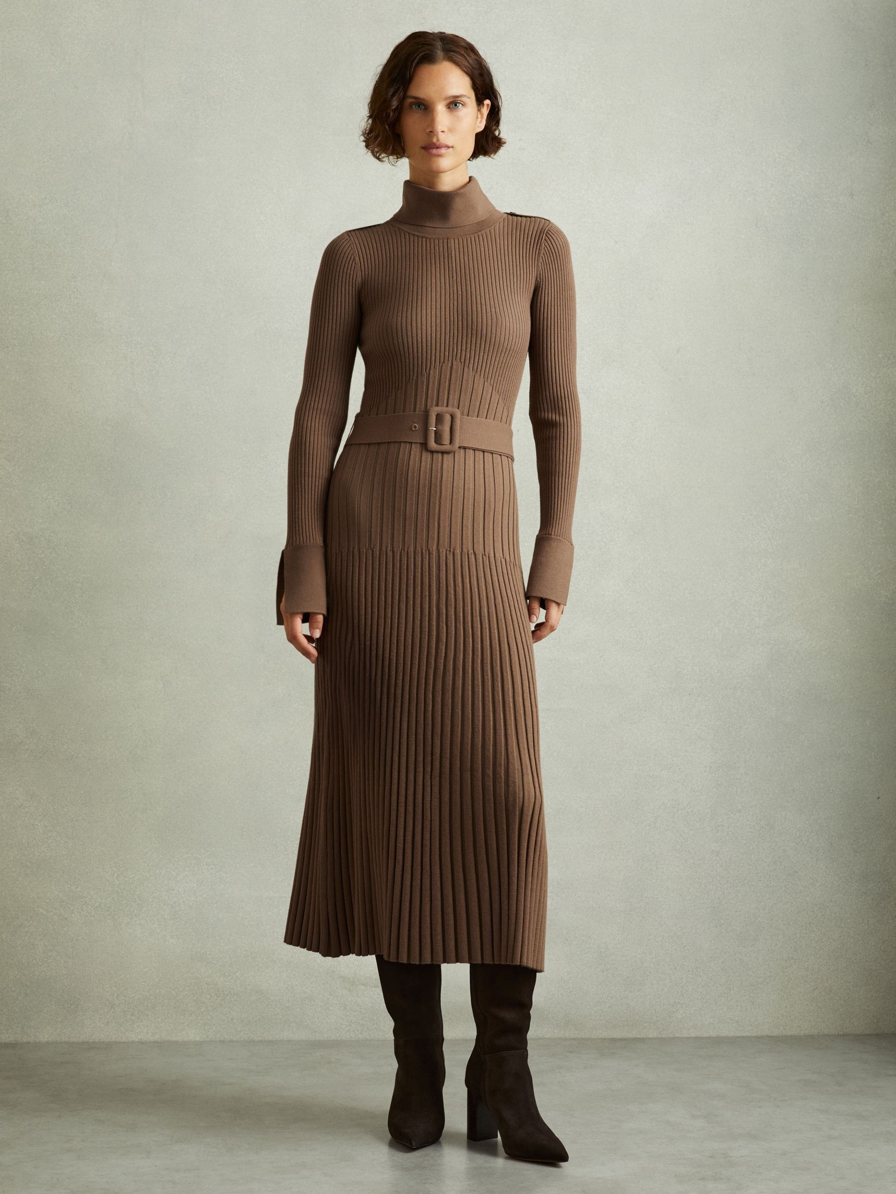 Reiss Ribbed Funnel Neck Belted Midi Dress in Mocha | REISS | Reiss US