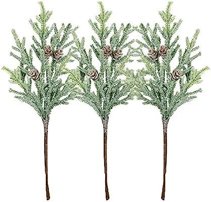 3 Pack Frosted Artificial Cypress Pine Stems Snowy Glittered Pine Spray with Mini Pinecones for C... | Amazon (US)