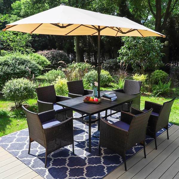 Alyah 7-piece Metal Steel Outdoor Pe Rattan Wicker Dining Set With Umbrella, Navy Blue Cushions, ... | Wayfair North America