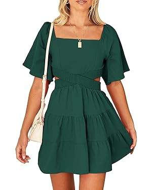 Shy Velvet Women's Summer Dress Square Neck Short Sleeves Crossover Waist Casual Party Mini Dress | Amazon (US)