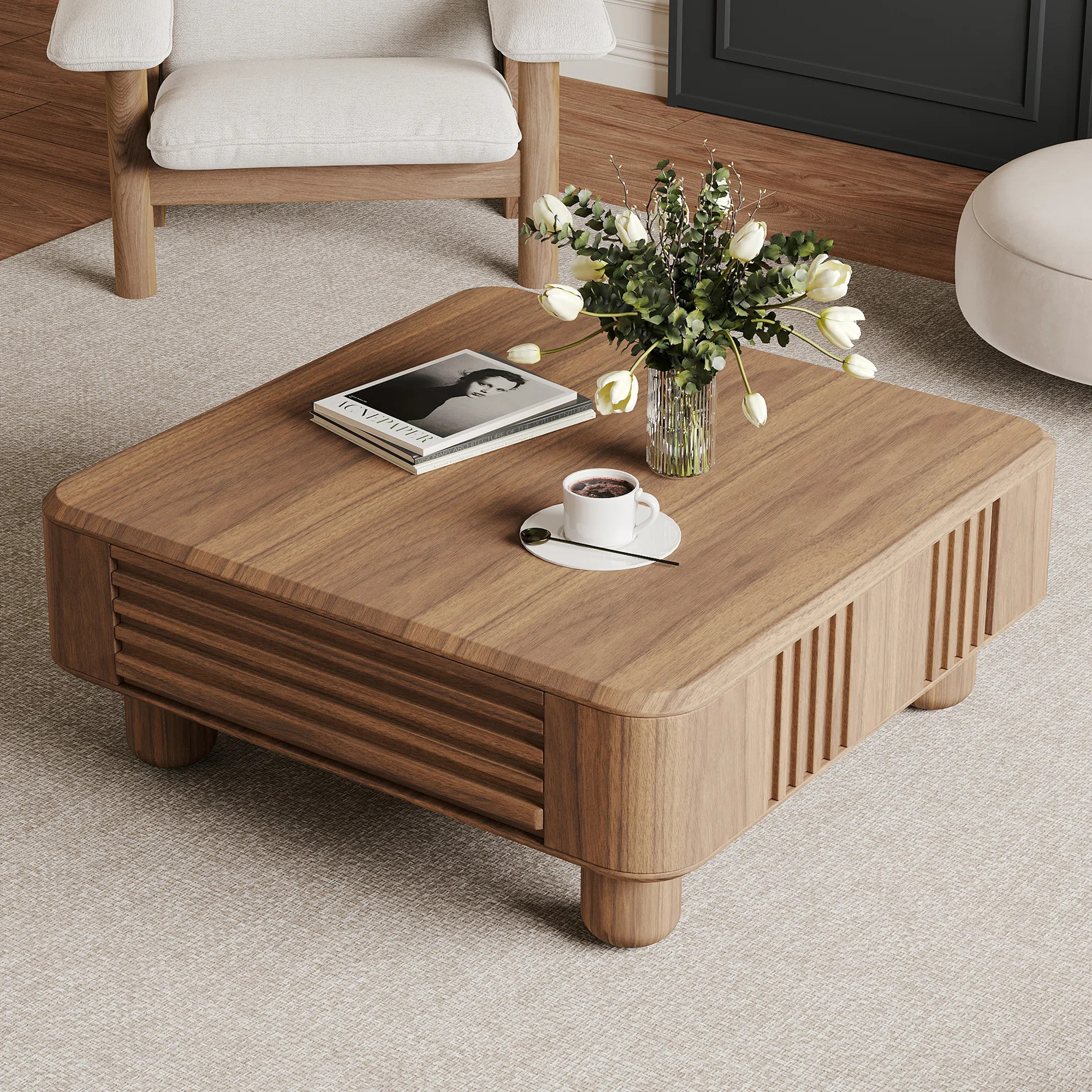 35.43” Square Walnut Wood Grain Coffee Table With 2 Hidden Drawers | Wayfair North America