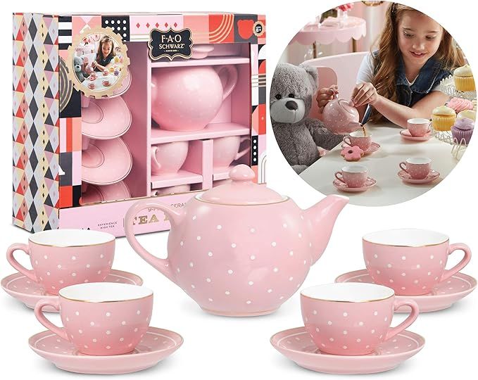 FAO Schwarz Ceramic Tea Party Set for Kids, Pink Polka Dot, 9 Pieces | Amazon (US)