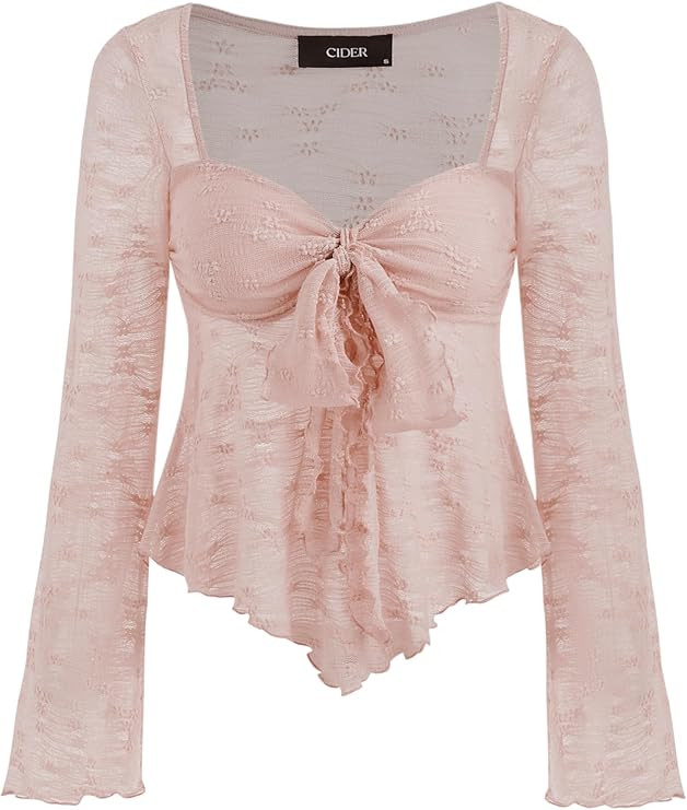 CIDER Mesh Tops Women Lace Square Neck Knotted Y2K Bell Sleeve Going Out Crop Top T Shirts | Amazon (US)