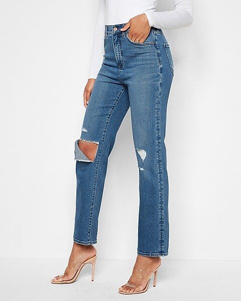 Super High Waisted Medium Wash Ripped Modern Straight Jeans | Express