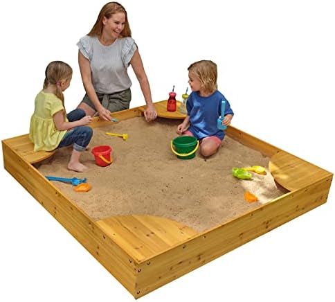 Amazon.com: KidKraft Wooden Backyard Sandbox with Built-in Corner Seating and Mesh Cover, Kid's O... | Amazon (US)