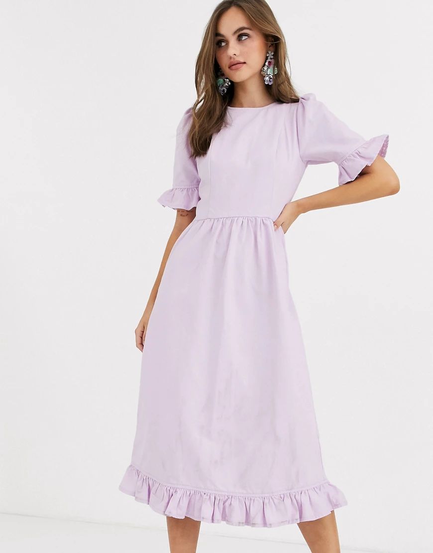 ASOS DESIGN denim prairie dress with frill in lilac-Purple | ASOS (Global)
