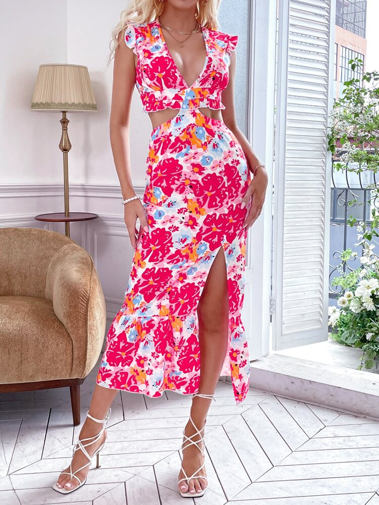 Floral Print Cut Out Split Thigh Ruffle Hem Dress | SHEIN