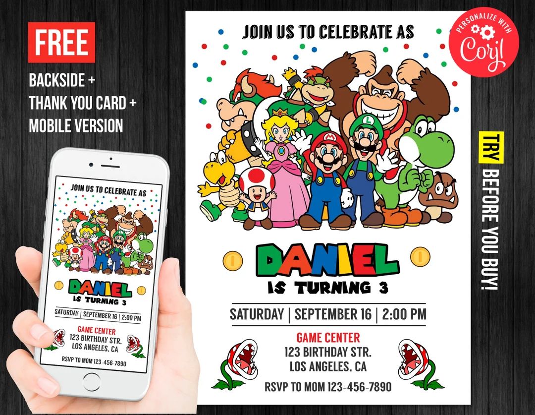 Super Mario Birthday Invitation Personalized Thank You Card - Etsy | Etsy (US)