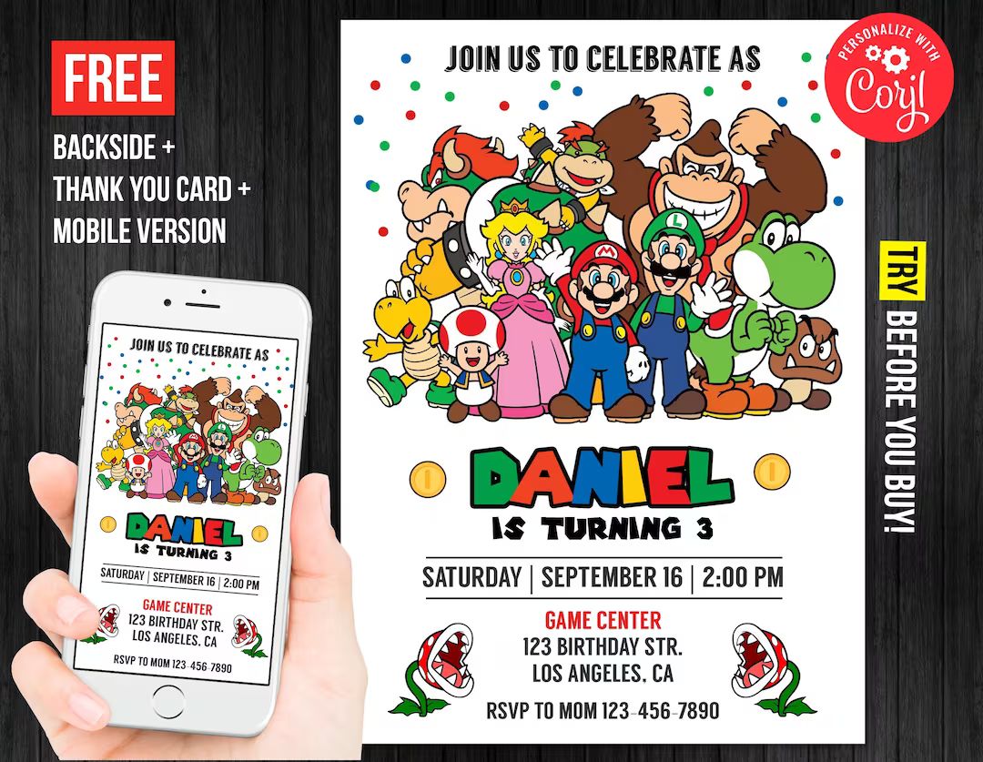 Super Mario Birthday Invitation Personalized Thank You Card - Etsy | Etsy (US)