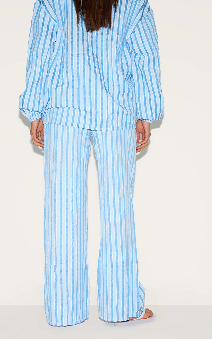 Blue Striped Textured Tie Drawstring Wide Leg Pants | PrettyLittleThing US