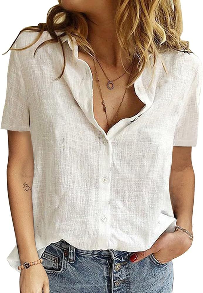 Dokotoo Blouses for Women Casual V Neck Solid Color Chiffon Button-Down Shirts Tops | Amazon (US)