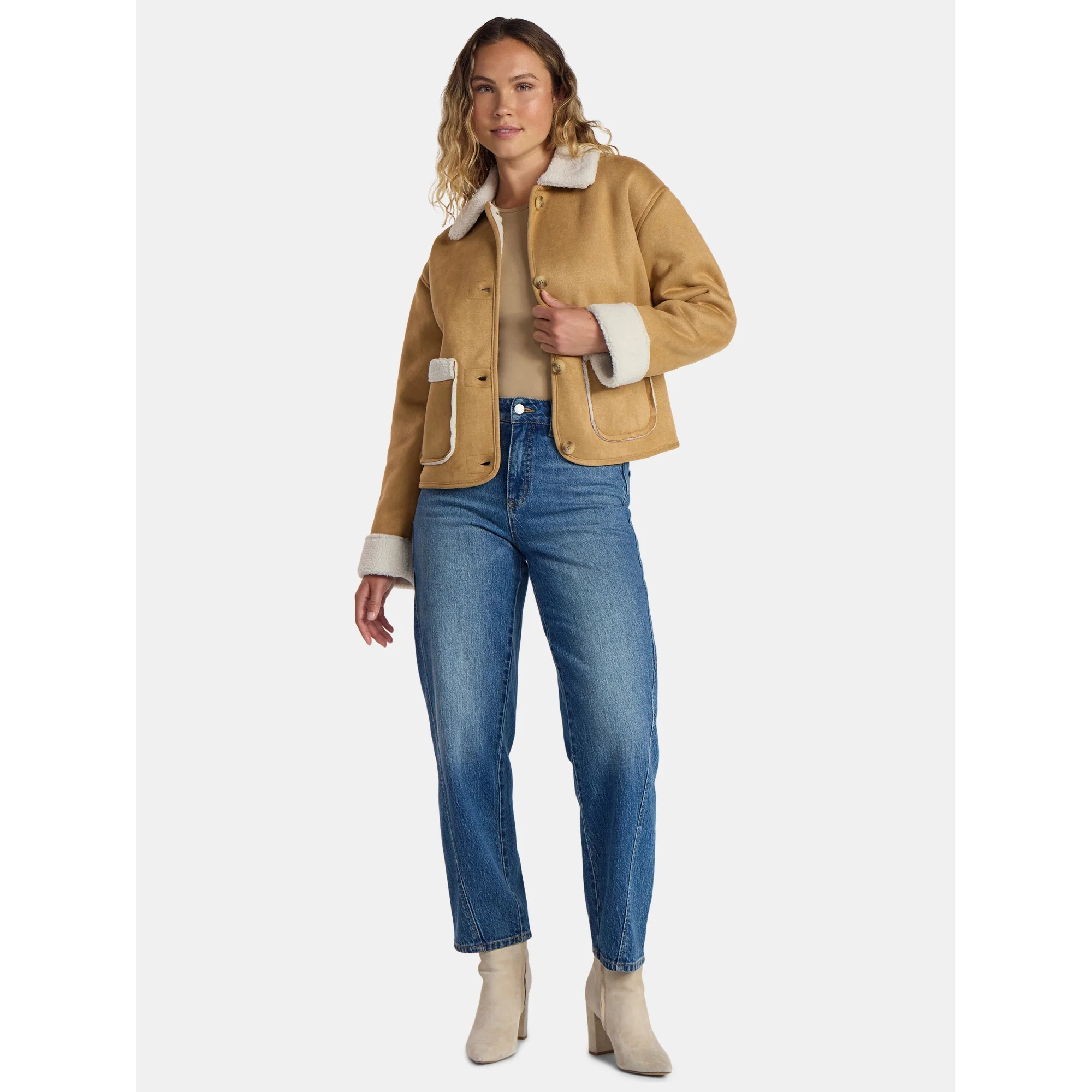Time and Tru Women's and Women's Plus Bonded Faux Shearling Jacket, Sizes XS-2X | Walmart (US)