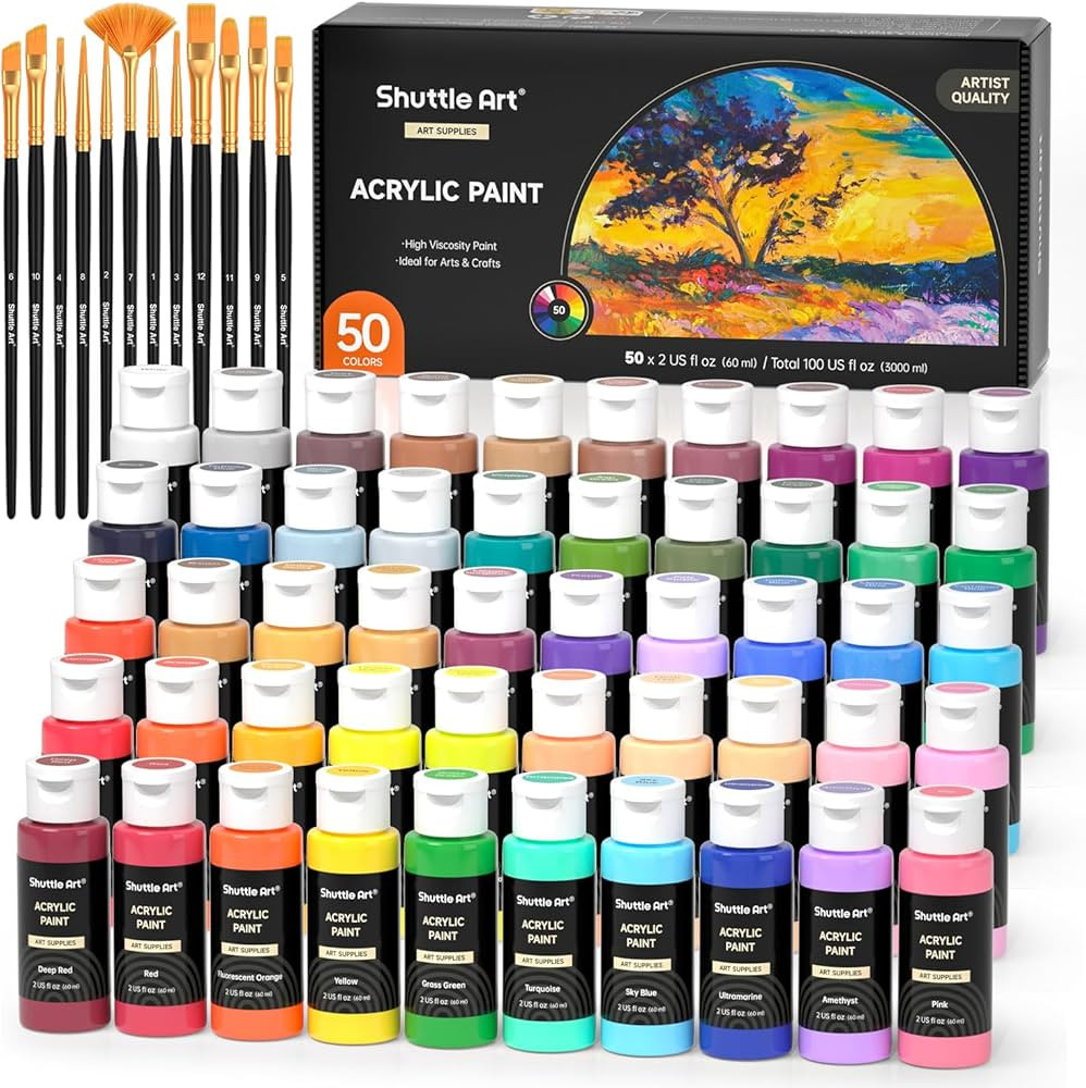 Shuttle Art Acrylic Paint, 50 Colors Acrylic Paint Set, 2oz/60ml Bottles, Rich Pigments, Water Pr... | Amazon (US)