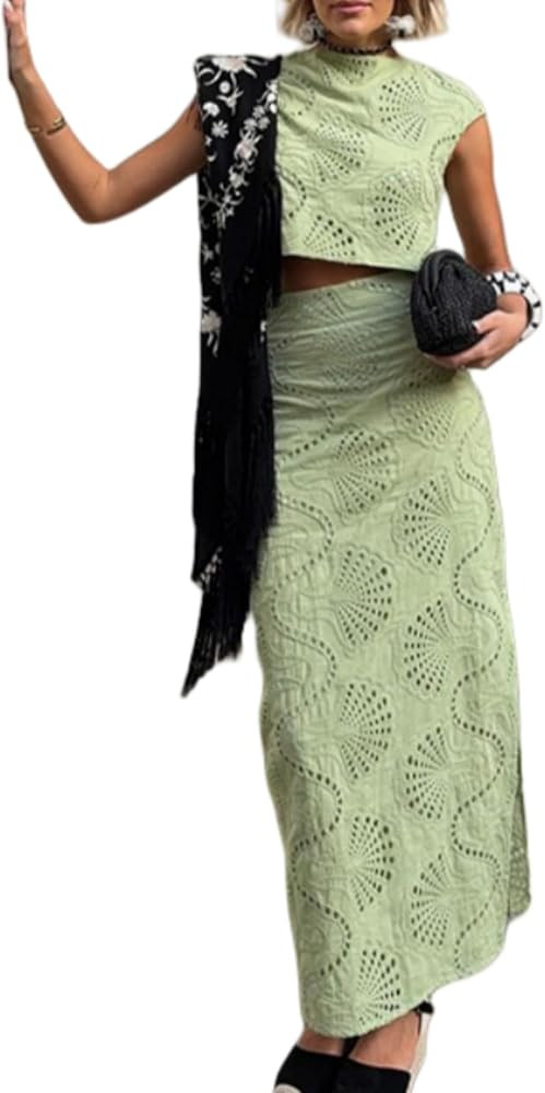 Summer Outfits Skirt Sets Women 2 Piece Outfits Sleeveless Hollow Out Crochet Crop Top and Maxi S... | Amazon (US)
