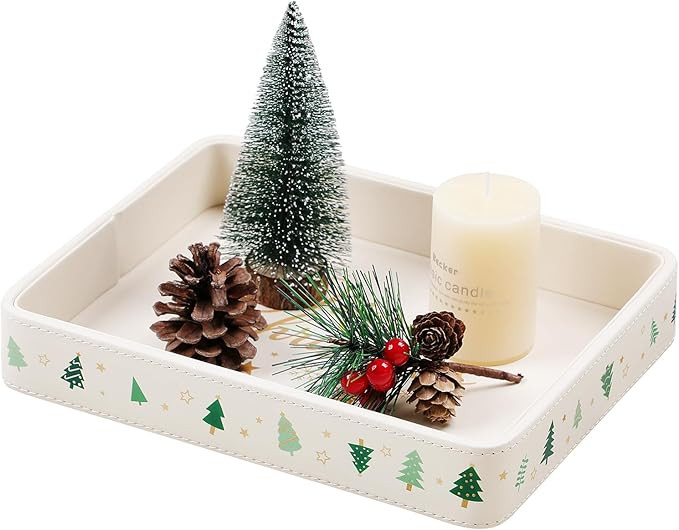 Christmas Decorative Tray, 10"x 8" PU Leather Valet Tray Nightstand Organizer for Christmas Home ... | Amazon (US)