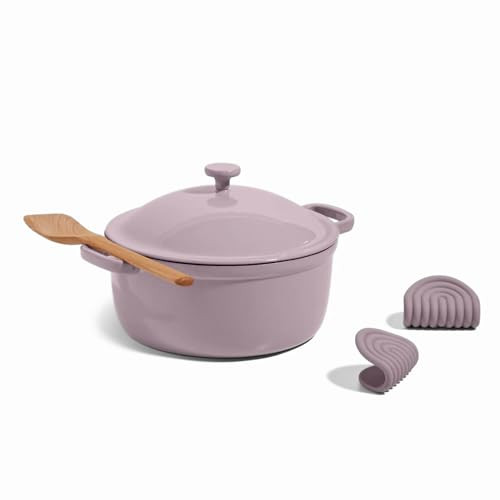 Our Place Cast Iron Perfect Pot | 6-in-1 Multifunctional 5.5 Qt. Toxin-Free Enameled Dutch Oven with Self-Basting Lid | Hot Grips & Beechwood Scraper | Induction Cooktop and Oven Safe | Lavender | Amazon (US)