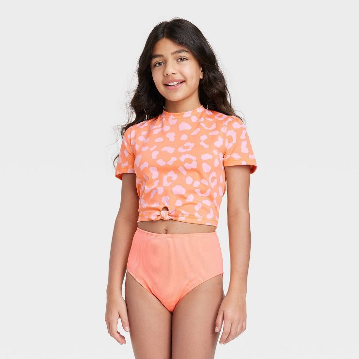 Girls' Cropped Cheetah Tie-Dye Design Short Sleeve Rash Guard Swim Top - art class™ Orange | Target
