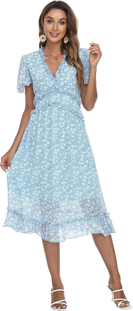 VintageClothing Women's Summer Dress Floral Sexy V Neck Ruffle Short Sleeve A Line Long Midi Dres... | Amazon (US)