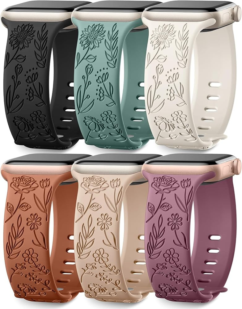 SNBLK 6 Pack Floral Engraved Bands Compatible with Apple Watch Bands for Women & Men, Soft Silico... | Amazon (US)