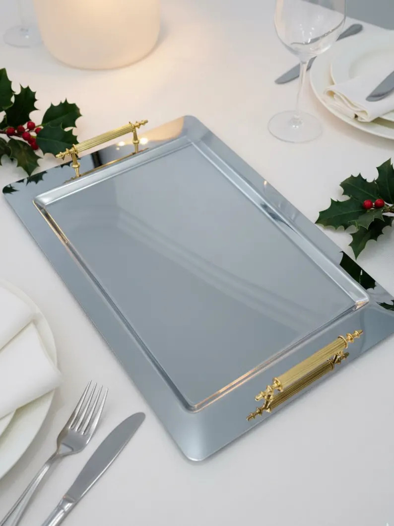 Stainless Steel Serving Tray with Gold Handles, Silver Rectangular Luxury Tray, 17.7 x 11.8 Inche... | Etsy (US)