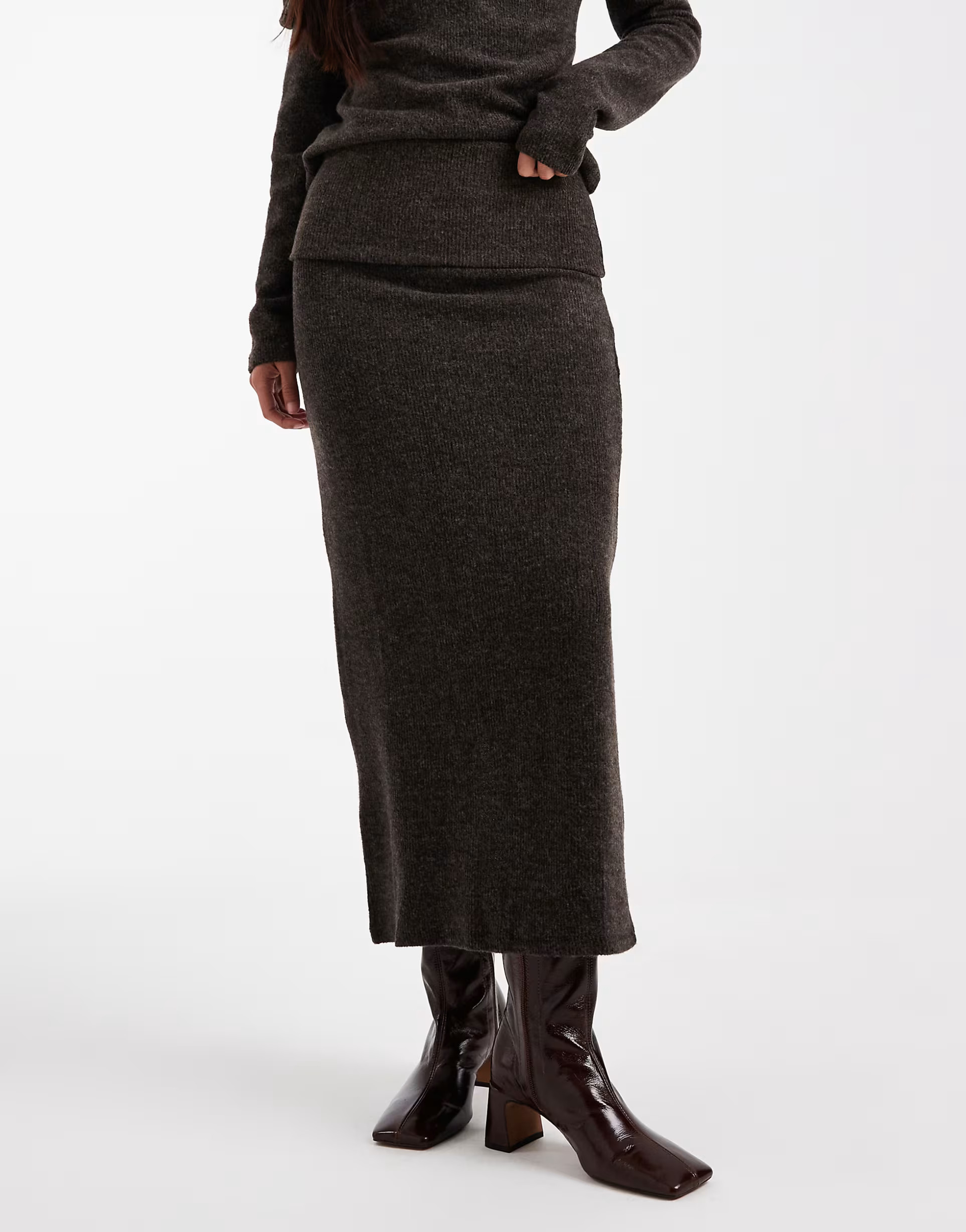 Vero Moda soft touch folded waistband midi skirt in chocolate melange - part of a set | ASOS | ASOS (Global)