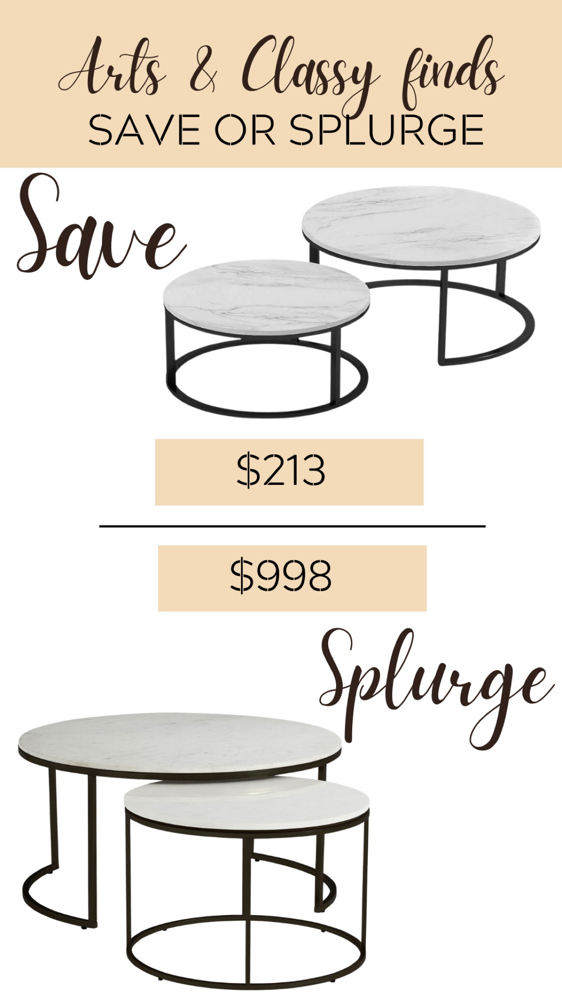 Looking to add a little personality to your home but don't want to break the bank? Check out these save or splurge home decor options. You can find some great pieces that look like a million bucks, without spending it all in one place. So take a look and decide whether you want to save or splurge on your next piece of home decor.

Coffee table | Marble Coffee Table | Save vs Splurge | Home Decor on a budget | Nesting Coffee Table | Pottery Barn | Pottery Barn Dupe

#LTKsalealert #LTKSeasonal #LTKhome