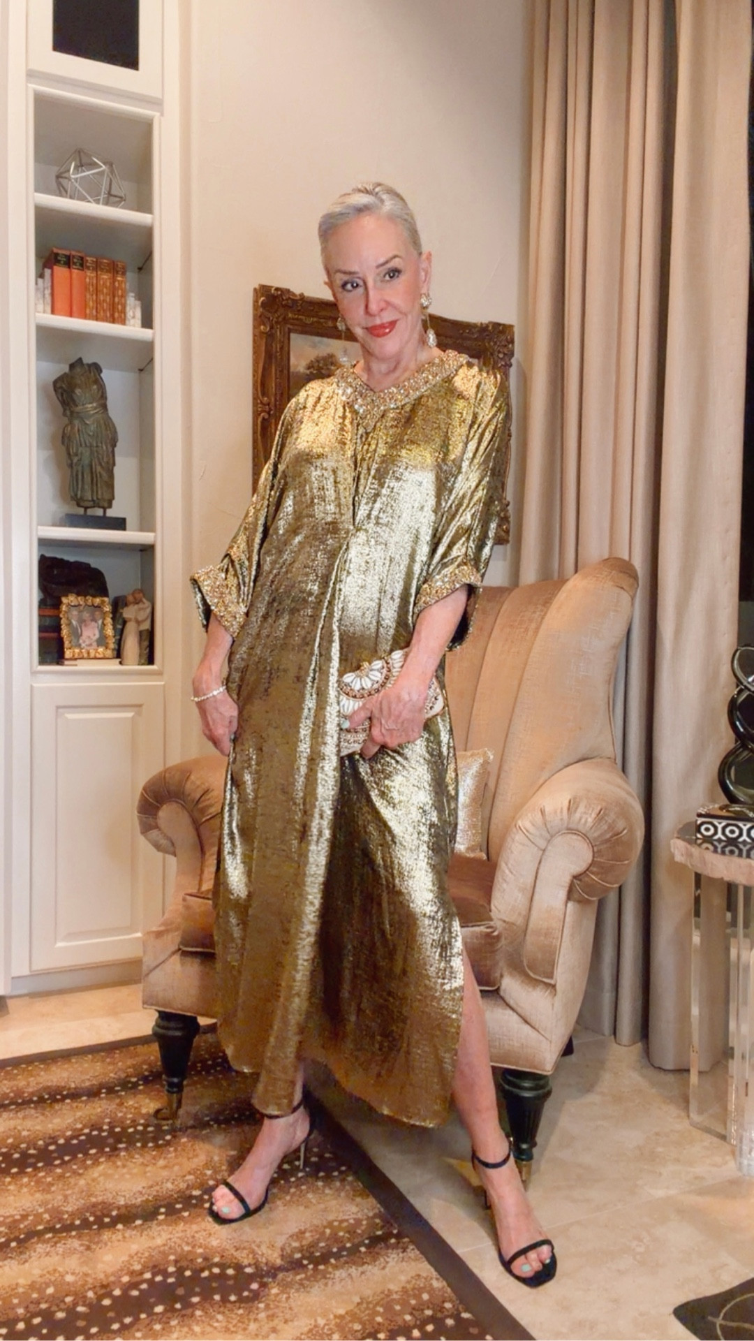 Beautiful Rich Radiqs kaftan dress. Not linked by go to their website 
Great basic heeled sandal by Stuart Weitzman


#LTKgrwm #LTKWedding #LTKOver40