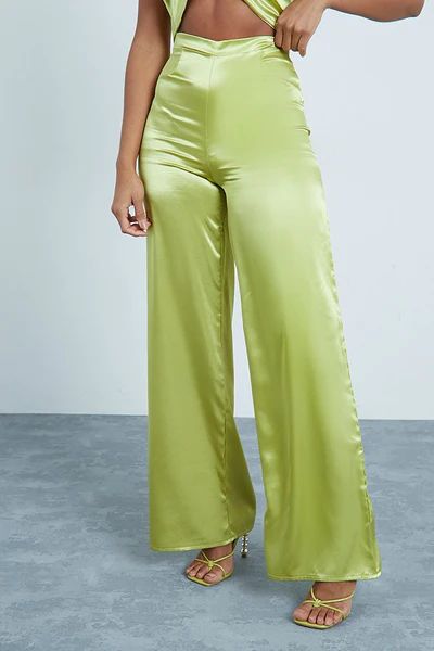 Olive Green Satin Wide Leg Trousers Co-Ord | ISAWITFIRST UK