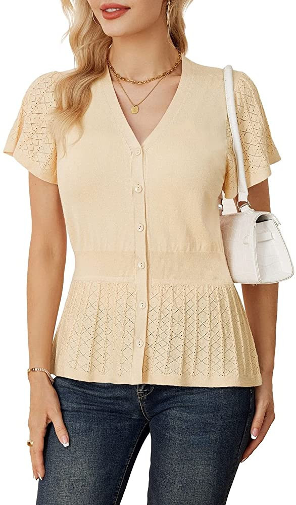 GRACE KARIN Women V-Neck Button Sweater Tops Ruffle Short Sleeve Lightweight Business Casual Shir... | Amazon (US)