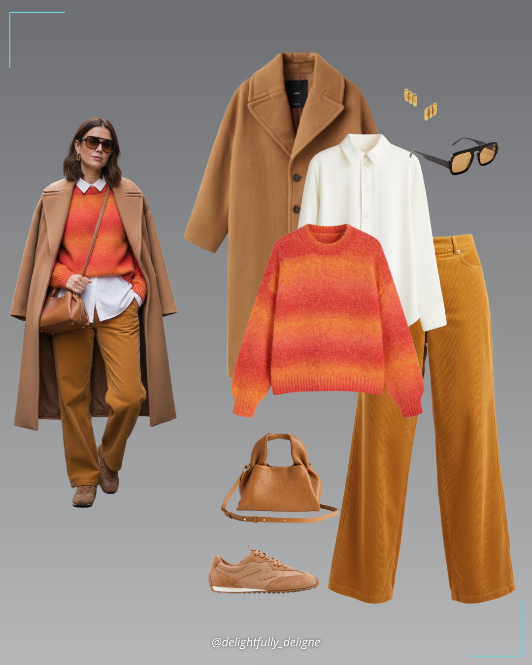 Mustard Mix Layers 💛🤎Cord wide-leg pants in mustard, wool-blend stripe ombré sweater, white button shirt, Manteco wool coat with lapels, tan sneakers, Italian leather trapeze crossbody, aviator sunglasses & diagonal ribbed earrings. 

 #LTKgrwm #LTKootd #LTKOver40