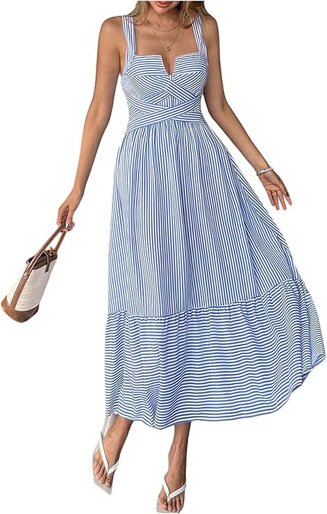 SHENHE Women's Striped Maxi Dress Sleeveless Cross Front Ruffle Hem Flowy Long Sundress | Amazon (US)