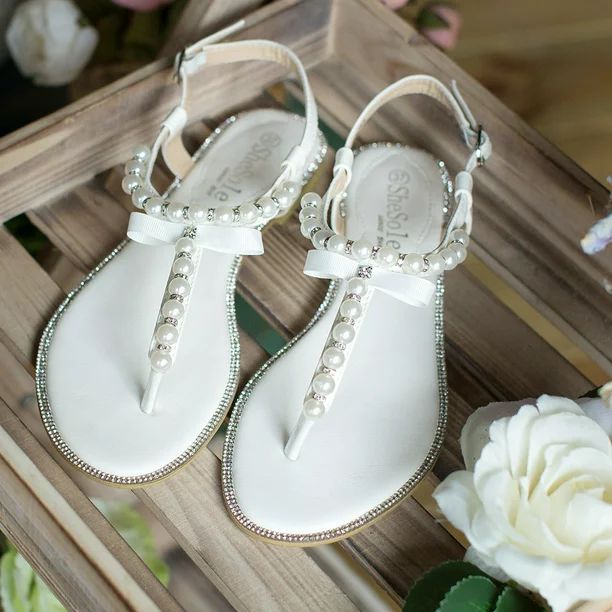 SheSole White Flat Sandals for Women T Strap Pearls Beach Wedding Shoes - Walmart.com | Walmart (US)