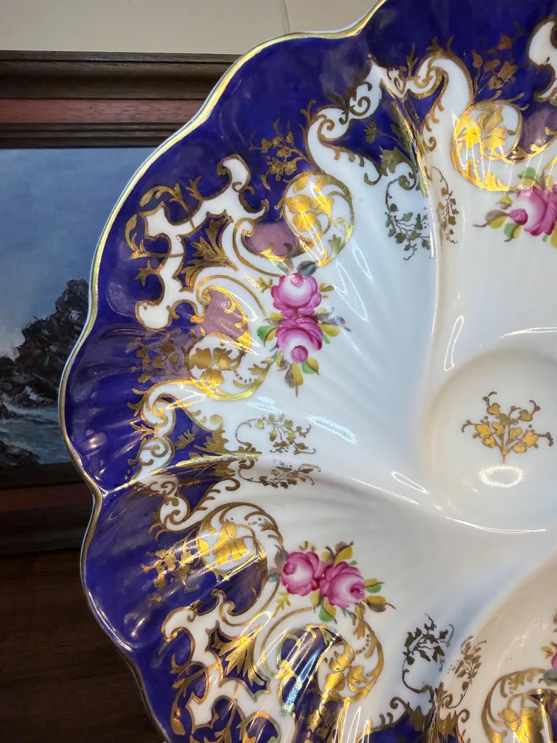 Limoges Oyster Plate | Hand-Painted French Porcelain Seafood Plate | Cobalt Blue & Gold Gilt Flor... | Etsy (US)