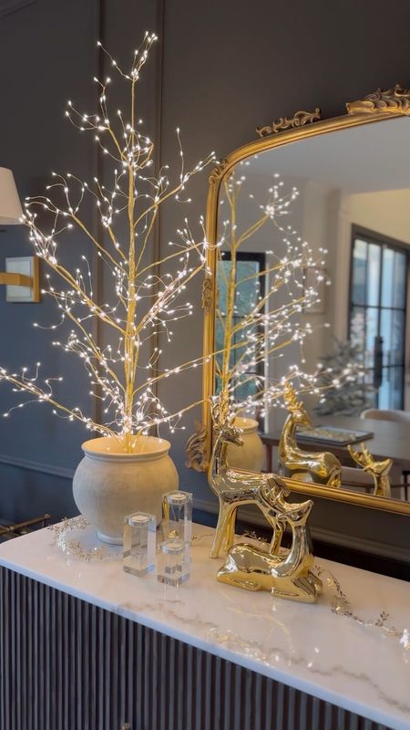 Holiday sideboard styling with this gorgeous LED lit tree! I love that this one has a pretty gold trunk! And these reindeer are so affordable and beautiful quality!

#LTKHoliday #LTKstyletip #LTKfindsunder50