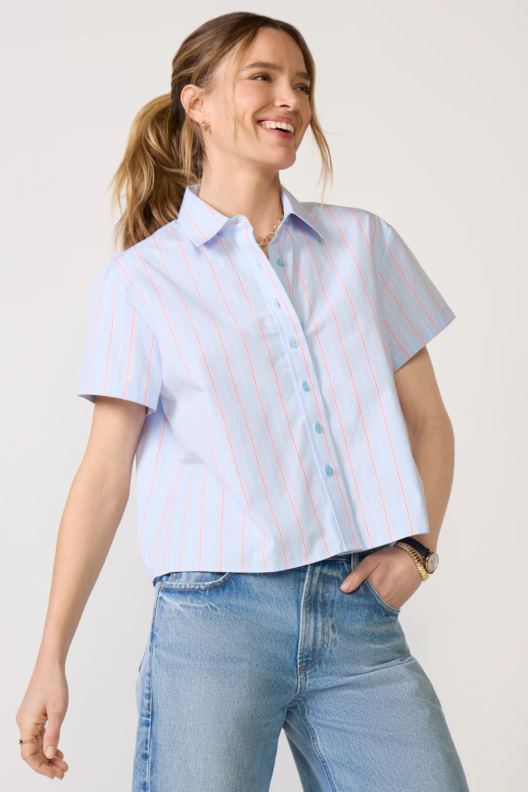 THE SHIRT Women's Boxy Crop Short Sleeve Shirt, Size Large, Blue | Evereve
