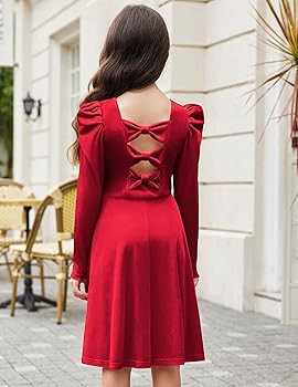 Arshiner Girls Dresses Long Sleeve Crew Neck Bow Back Velvet Formal Party Dresses with Pockets | Amazon (US)