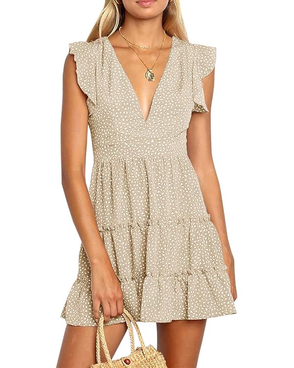 Women Floral Mini Dress Sexy V Neck Ruffle Flutter Sleeve Polka Dot Summer Dresses | Amazon (US)