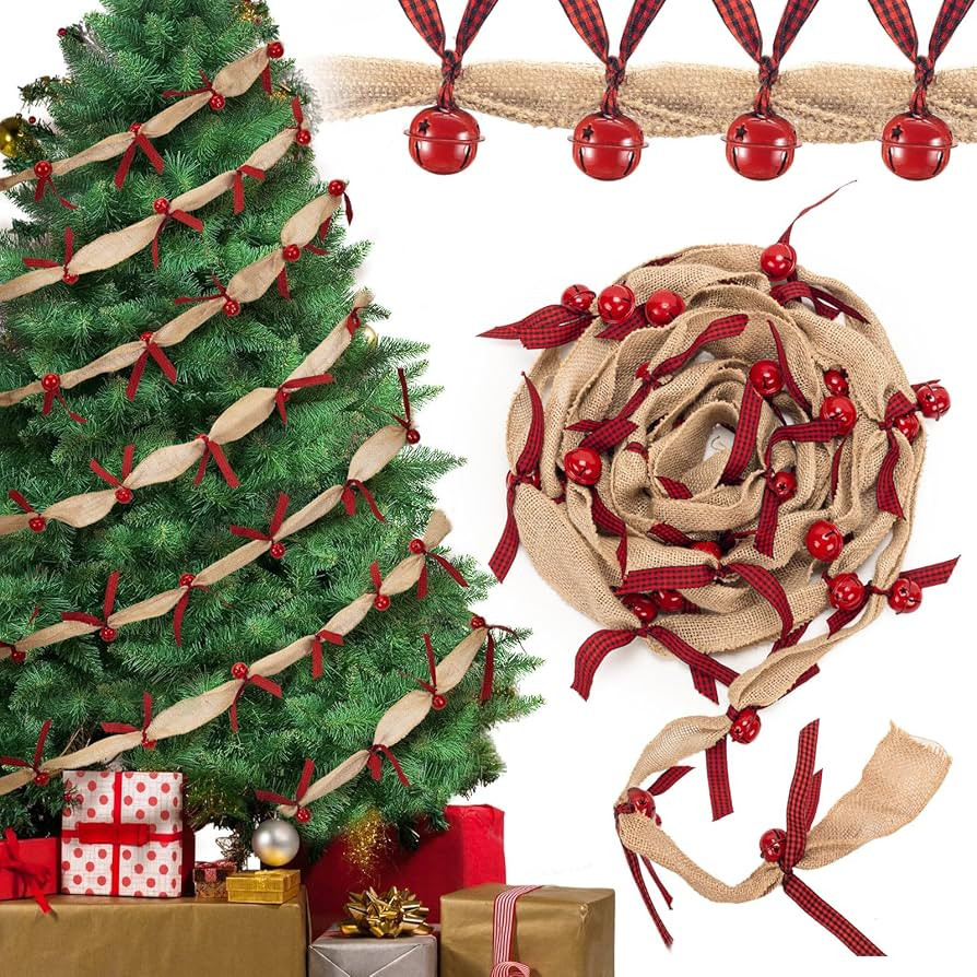 Christmas Tree Ribbon Garland with Metal Sleigh Jingle Bells, 18 FT Rustic Buffalo Plaid Xmas Dec... | Amazon (US)