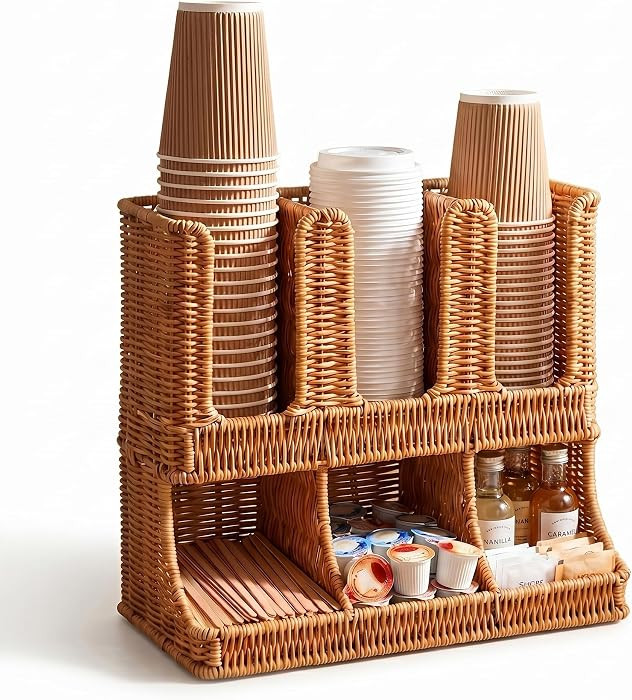 Cantalop Cup and Condiment Holder, Coffee Station Organizer for Cups Lids Sugar Creamer and Stirrers, Handwoven Countertop Coffee Bar Organizer for Office Breakroom | Amazon (US)